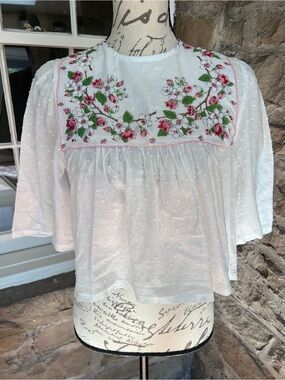 Size S White dotted Swiss  Boho  Blouse with Pink Floral Embroidered Yoke